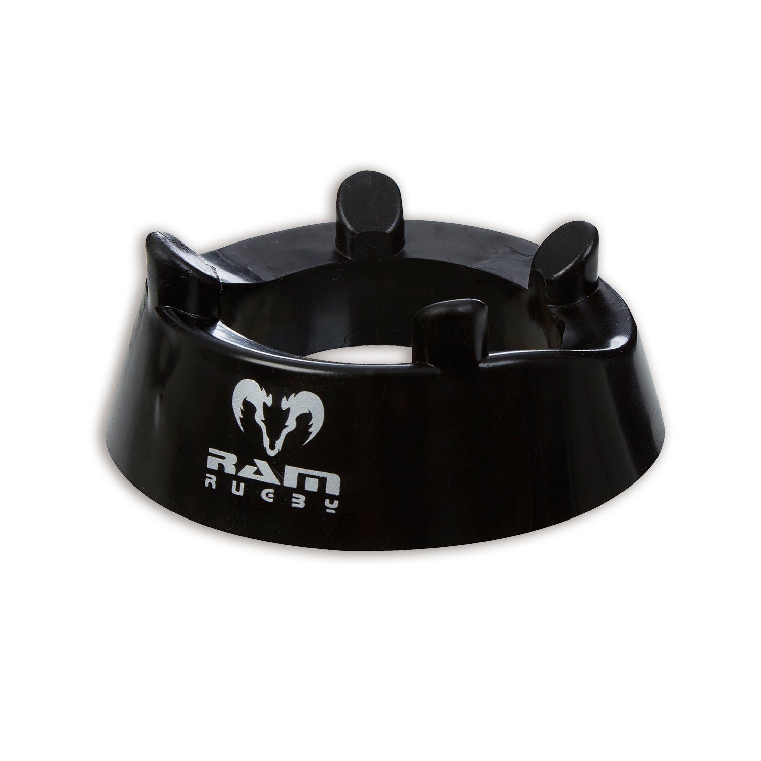 Ram Rugby black four-pronged kicking tee made of durable molded plastic for stable, accurate rugby ball placement during kicks