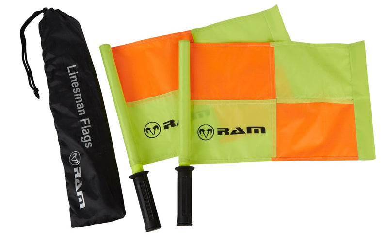 Ram Rugby linesman flags set with two brightly colored flags, foam grips, and a black storage bag for easy transport