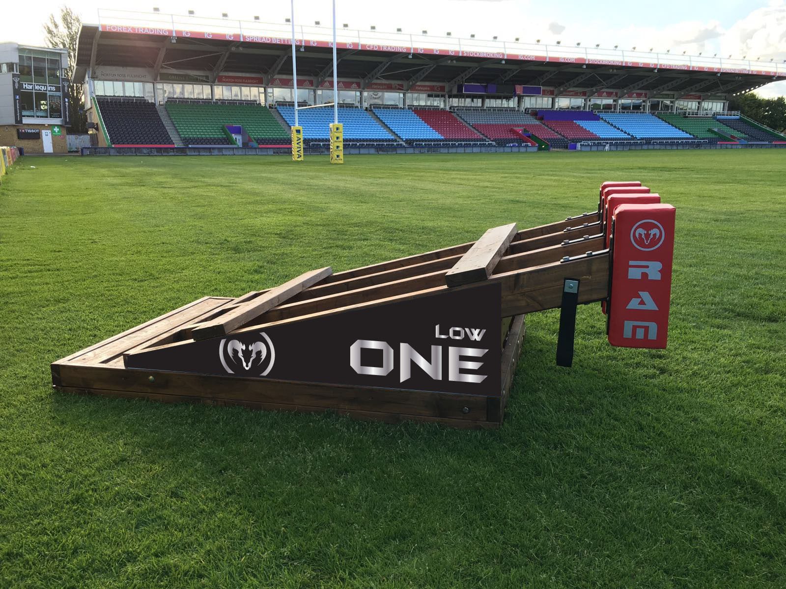 Ram Rugby Low One Scrum Machine with heavy-duty padded frame and wheels, designed for elite rugby training drills
