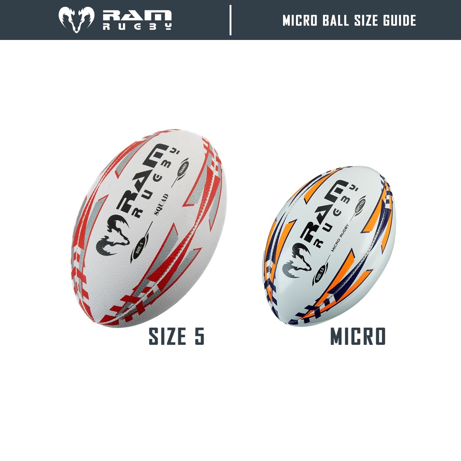 Ram Rugby Micro Soft Feel Training Rugby Ball Size 2.5 shown close-up with soft padded PVC and no-grip surface for kids.