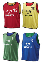 Ram Rugby reversible contact training bibs in blue and yellow, numbered set of 15 durable rugby practice vests