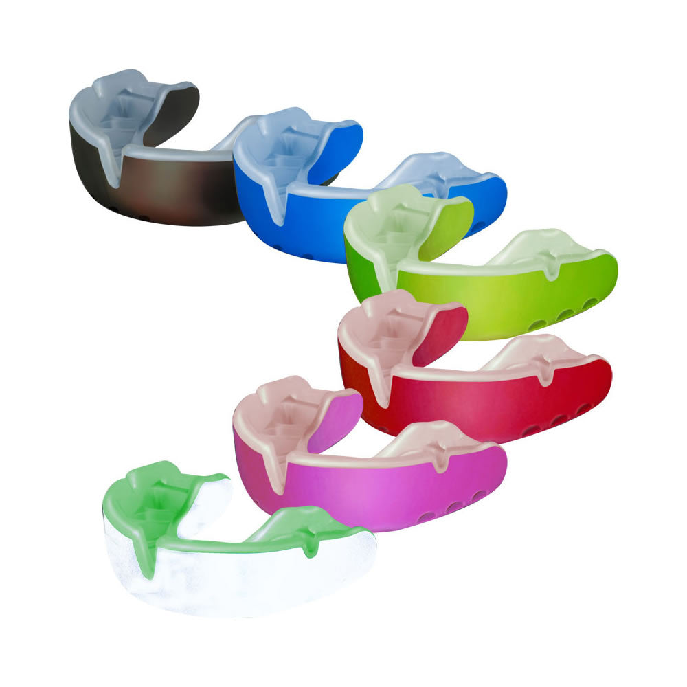 Opro Gold Mouthguard in black and yellow with anatomical fins for rugby, offering secure fit and impact protection comfort