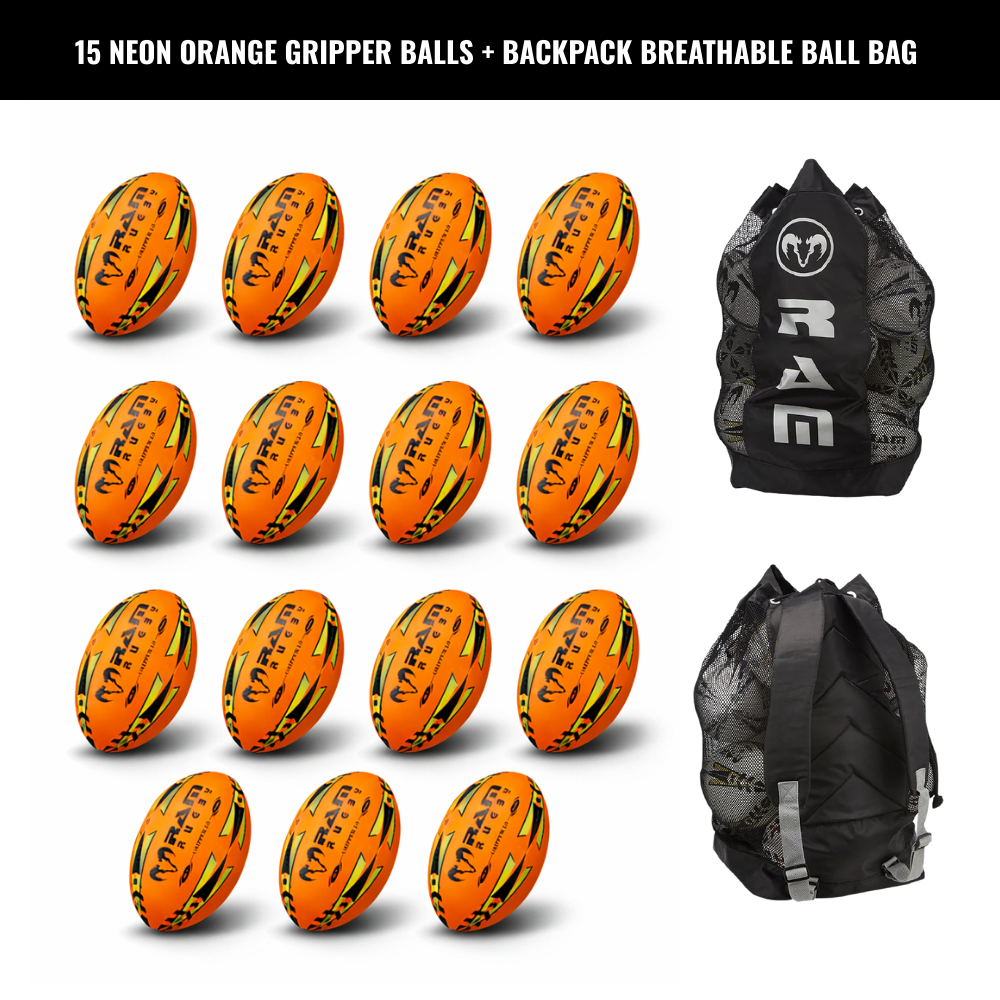 Paquete de 15 Pelotas Ram Rugby Gripper 2.0 Pro Trainer Neon con 1 Bolsa