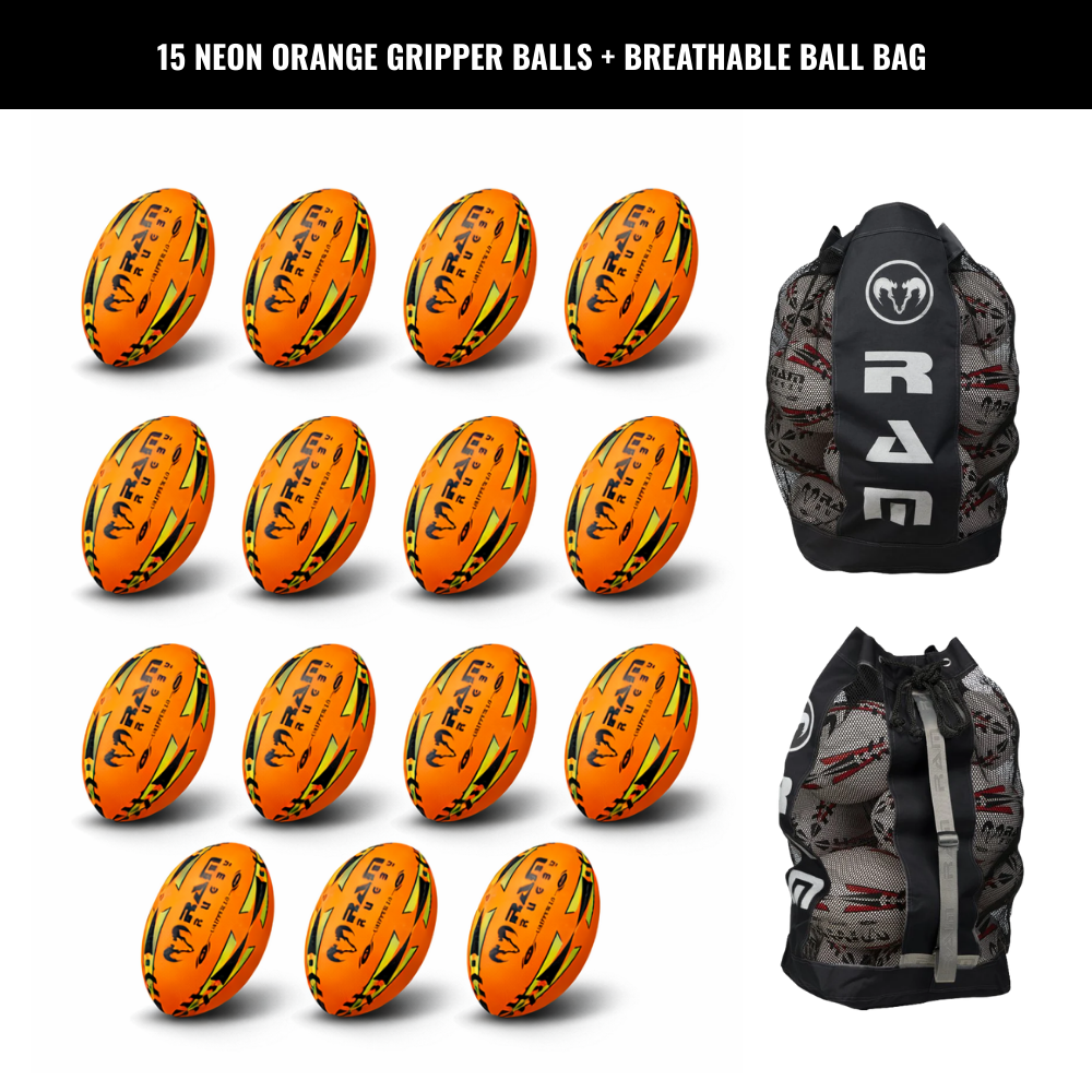 Paquete de 15 Pelotas Ram Rugby Gripper 2.0 Pro Trainer Neon con 1 Bolsa