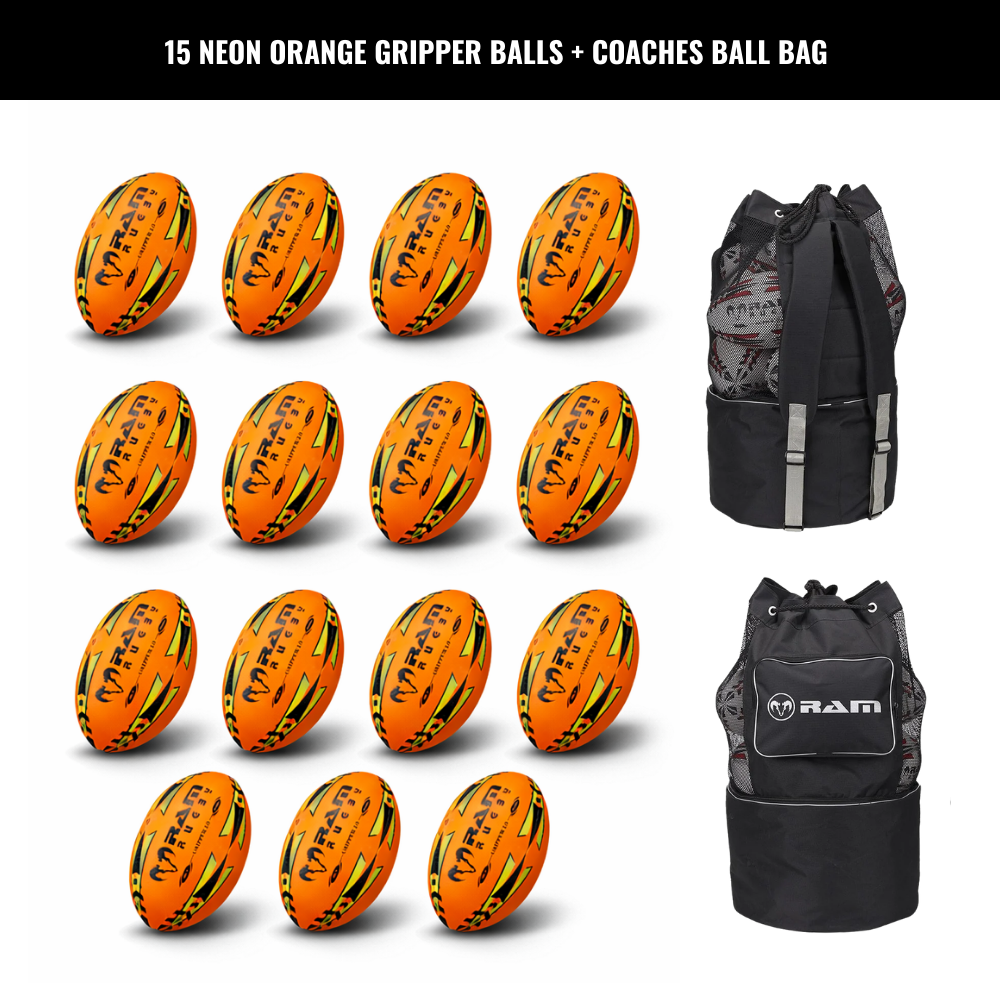 Paquete de 15 Pelotas Ram Rugby Gripper 2.0 Pro Trainer Neon con 1 Bolsa