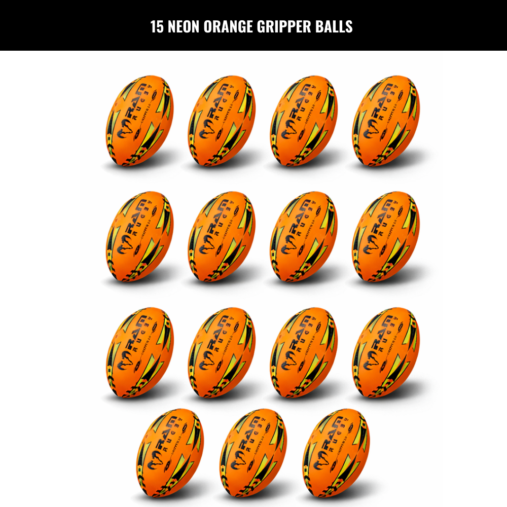 Paquete de 15 Pelotas Ram Rugby Gripper 2.0 Pro Trainer Neon con 1 Bolsa