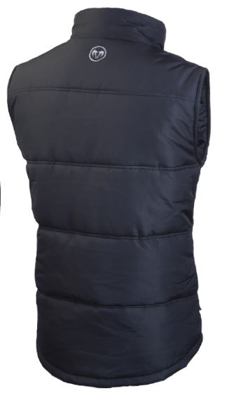 Ram Rugby showerproof padded gilet in black with thermal insulation, full zip, storm flap, high collar, and side pockets.