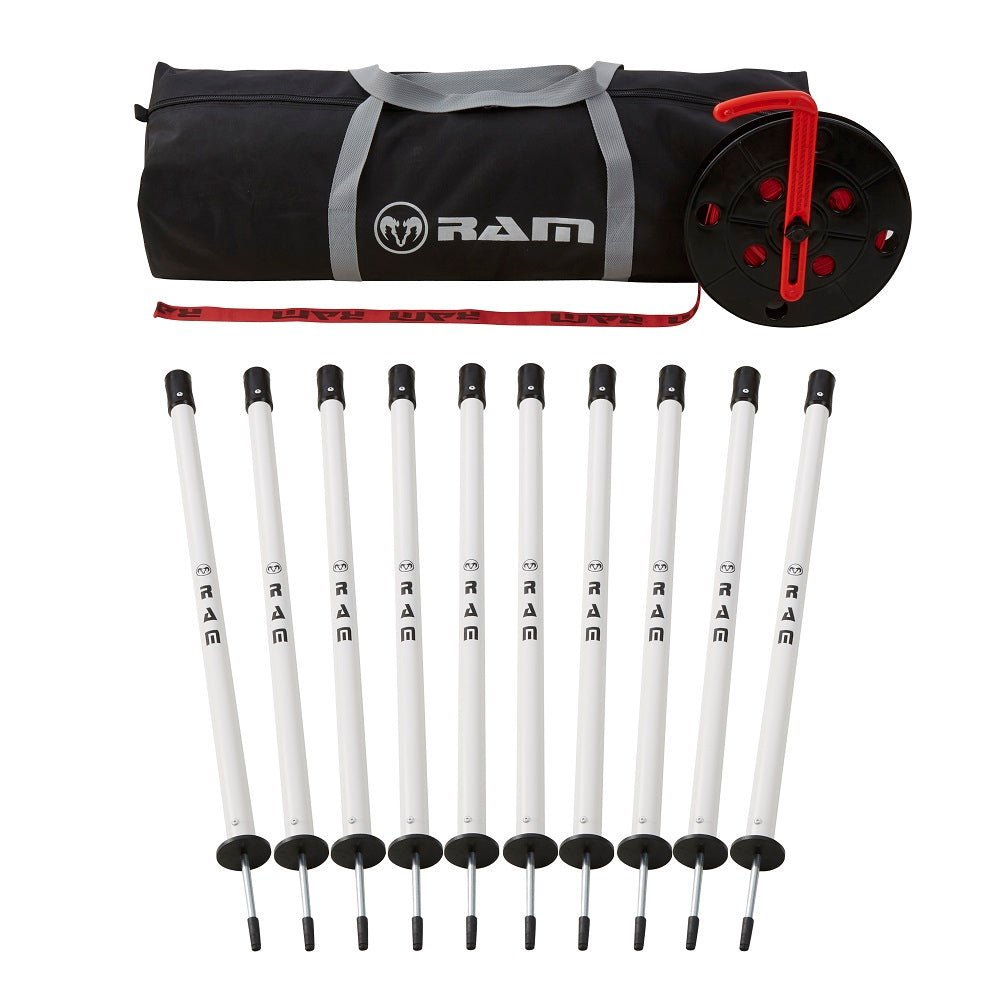 Ram Rugby Portable Pitch Respect Barriers 100m with 10 metal spike poles and red-white barrier tape for sports fields