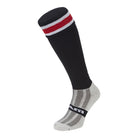 Close-up of Ram Rugby Protec breathable rugby socks featuring cushioned padded sole and elasticated ankle support in black and white