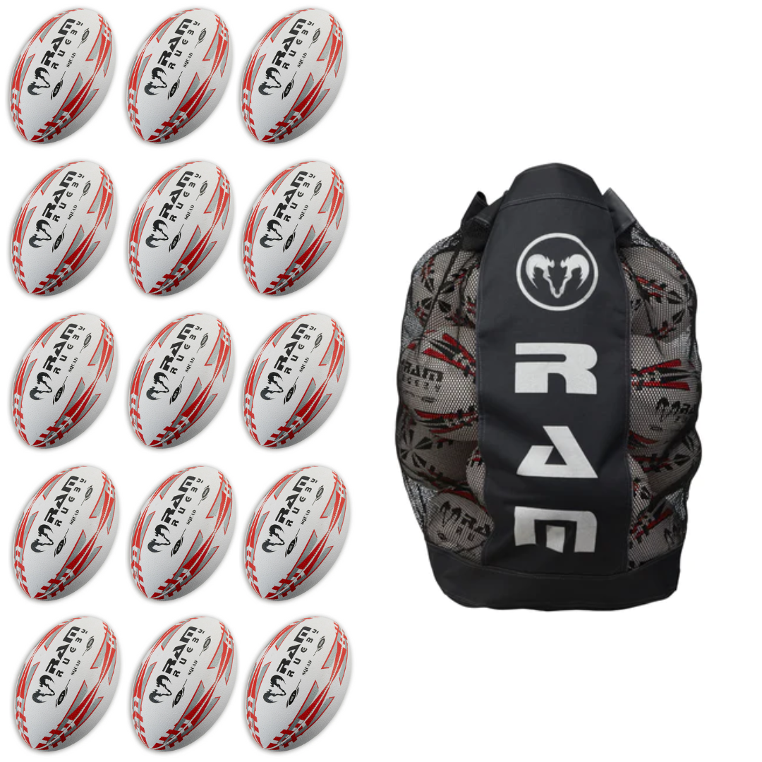 Conjunto de Balones Ram Rugby Squad Trainer 15 Balones con Bolsa Transpirable
