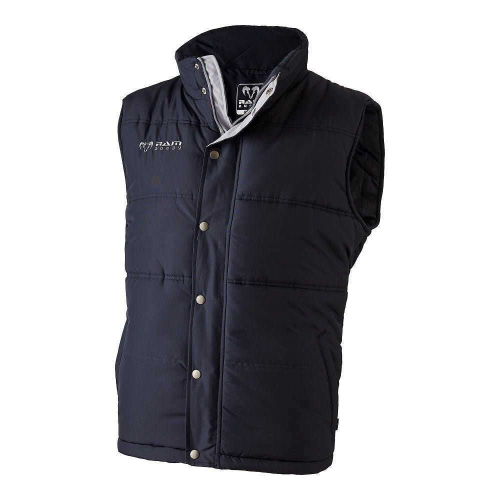 Ram Rugby padded gilet in navy blue showerproof Taslon polyester with thermal insulation and front pockets, standard fit