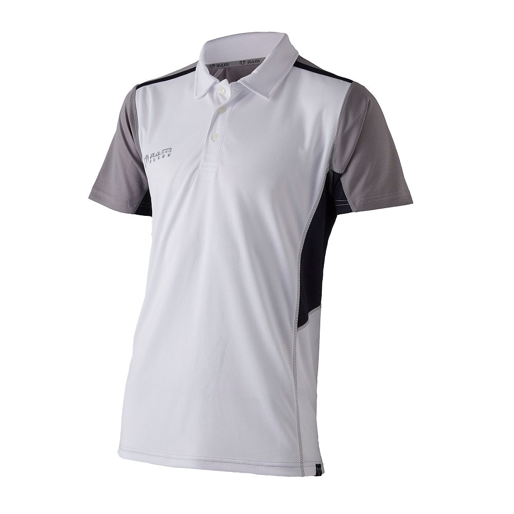 Ram Rugby Technical Polo Shirt in white, lightweight breathable polyester fabric, standard fit with classic polo collar design