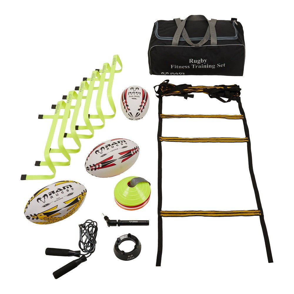 Ram Rugby Fitness Training Set with Size 5 balls, mini pump, kicking tee, 23cm hurdles, and 4m agility ladder