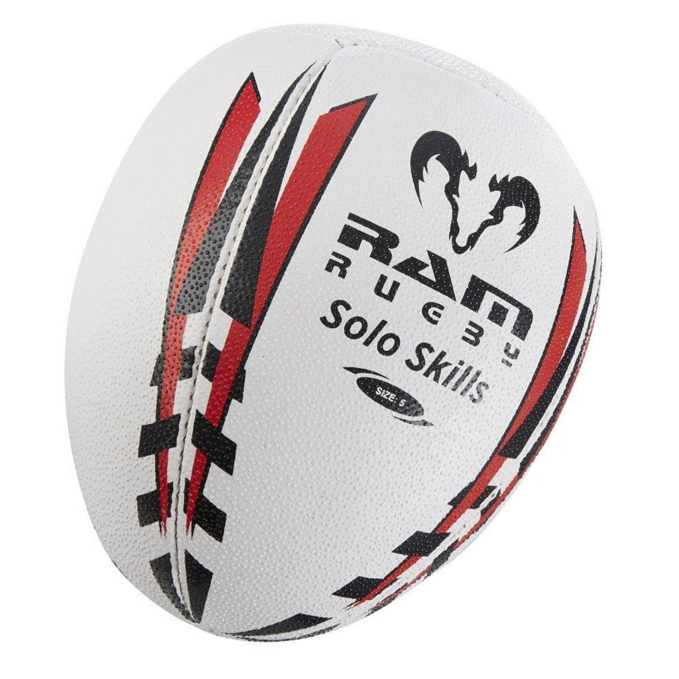 Ram Rugby Solo Skills Ball in blue and white, training rugby ball with flat end for solo passing and catching practice