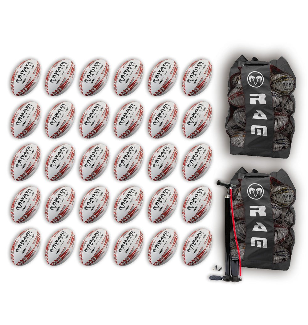 Thirty Ram Rugby Squad Trainer size 5 balls stacked with two large breathable ball bags for rugby training storage bundle