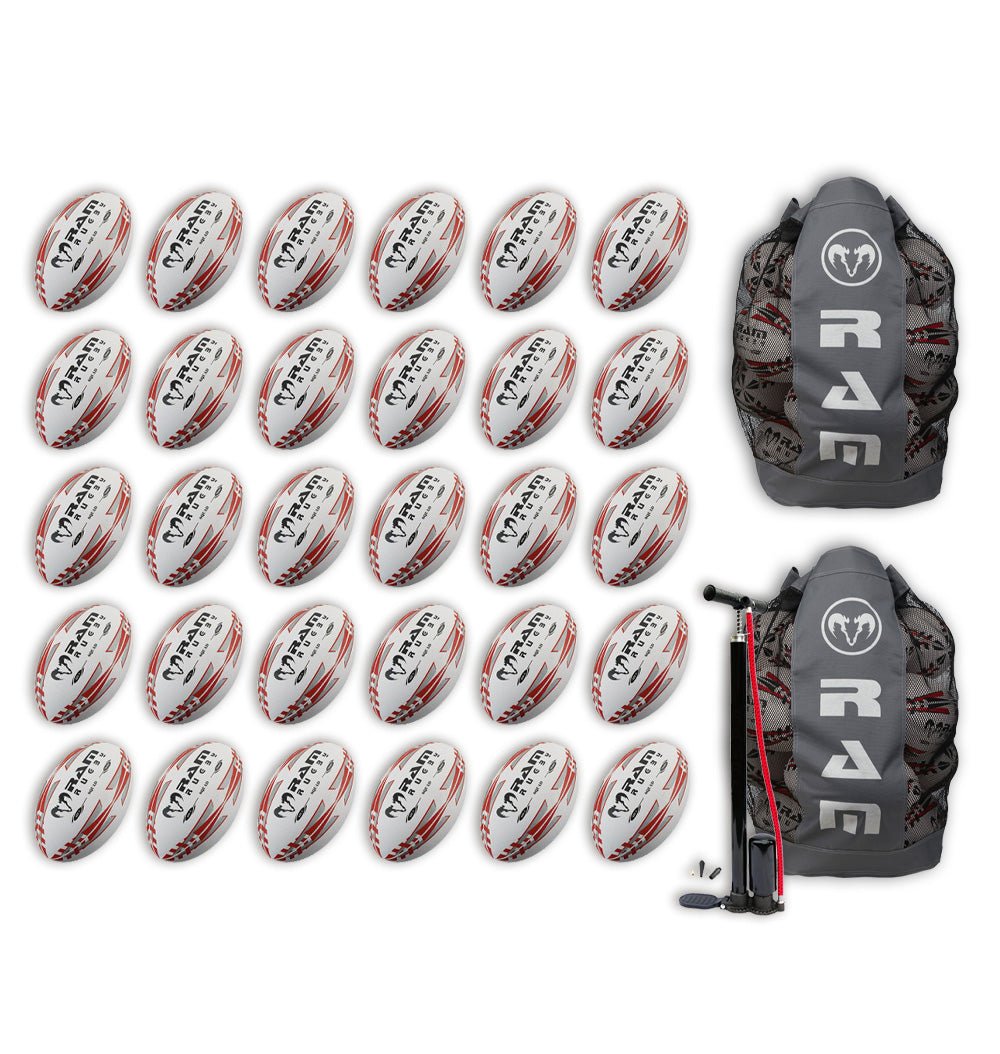 Thirty Ram Rugby Squad Trainer size 5 rugby balls stacked with two black breathable bags for team training storage and transport