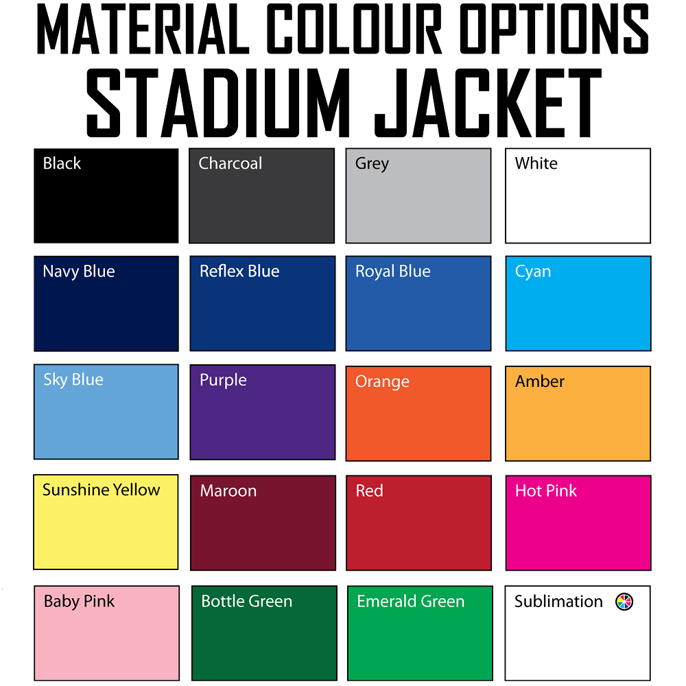 Ram Rugby Custom Stadium Jacket in navy blue 100% polyester with high collar and embroidered logo, standard fit, front view