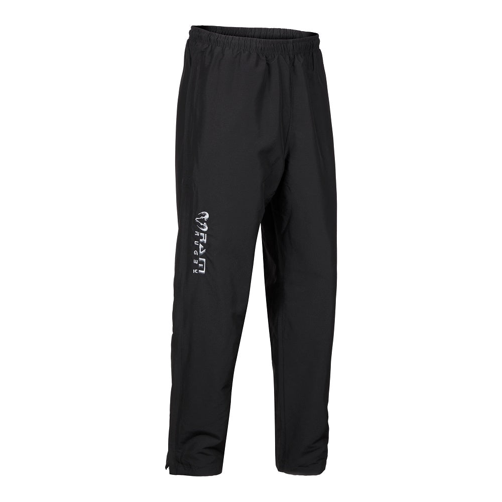 Ram Rugby Stadium Pants lightweight black polyester tracksuit trousers with pockets and 24-inch leg zips for sport and casual wear