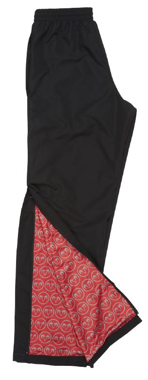 Ram Rugby custom lightweight microfiber stadium pants in black with side pockets and 24-inch leg zips for easy wear