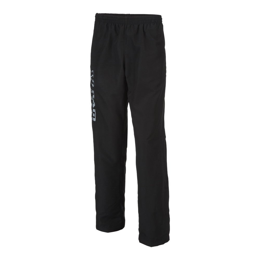 Ram Rugby Custom Stadium Pants in lightweight black microfiber with side leg zips and pockets, standard fit tracksuit pants