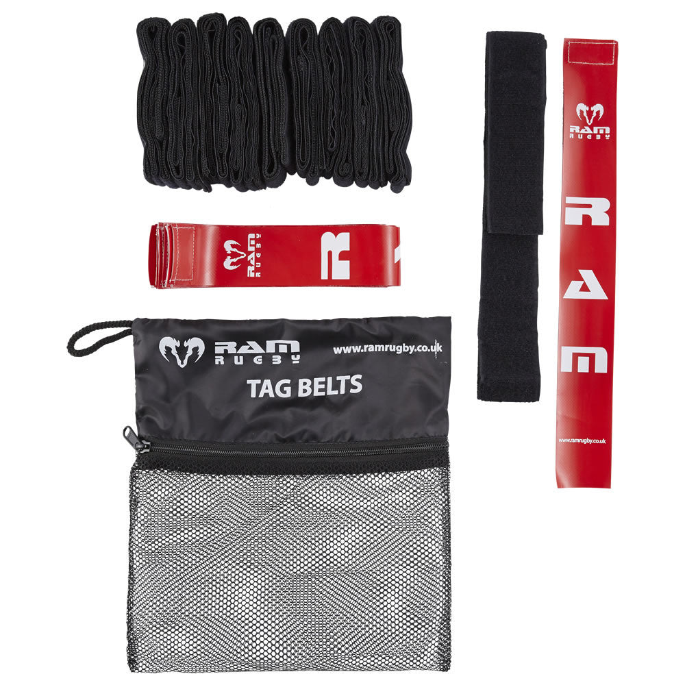 Ram Rugby Tag Rugby Set showing 10 large adjustable belts and 20 durable PVC tag attachments for training drills