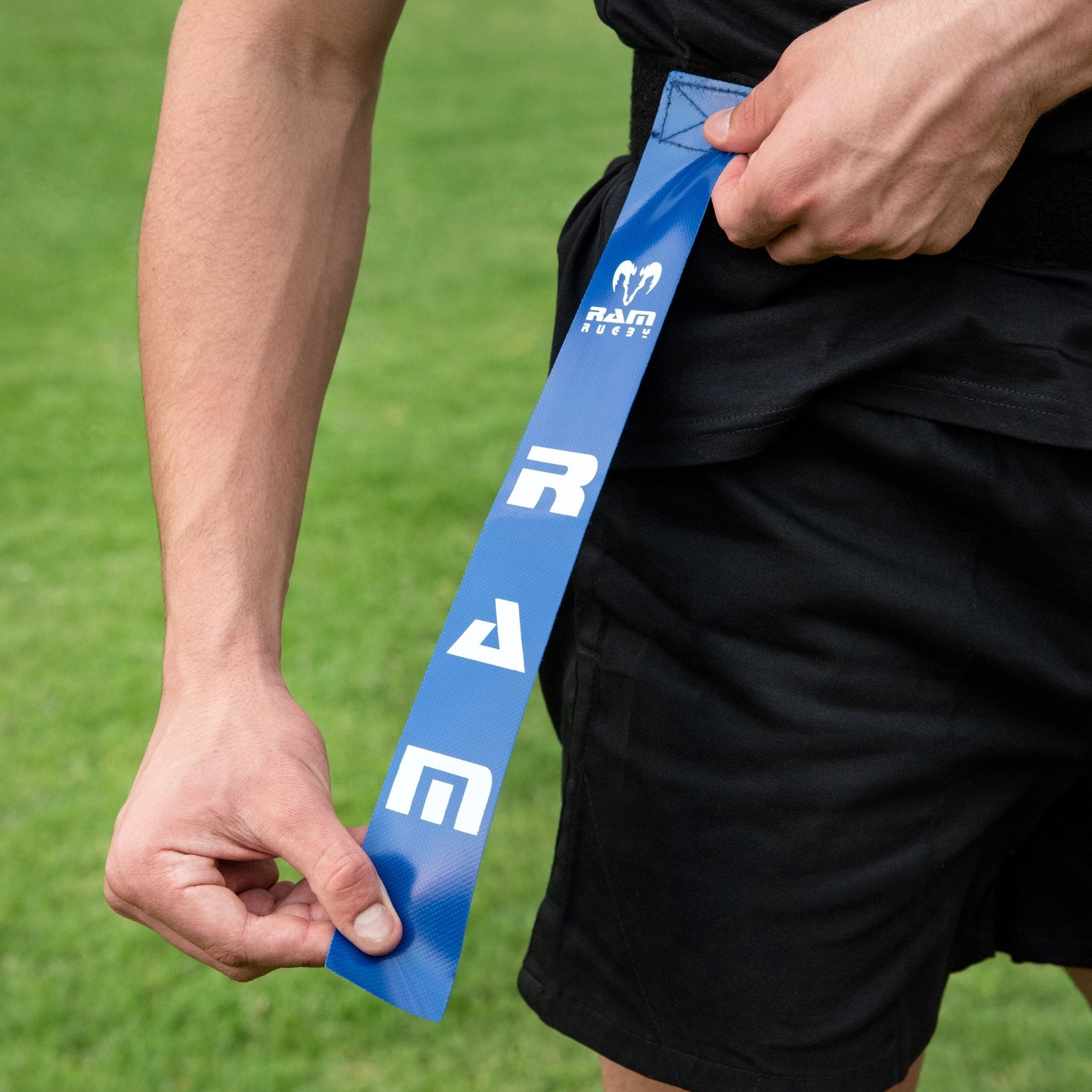 Ram Rugby Tag Rugby Set showing large adjustable belts and durable PVC tags designed for training and skill drills