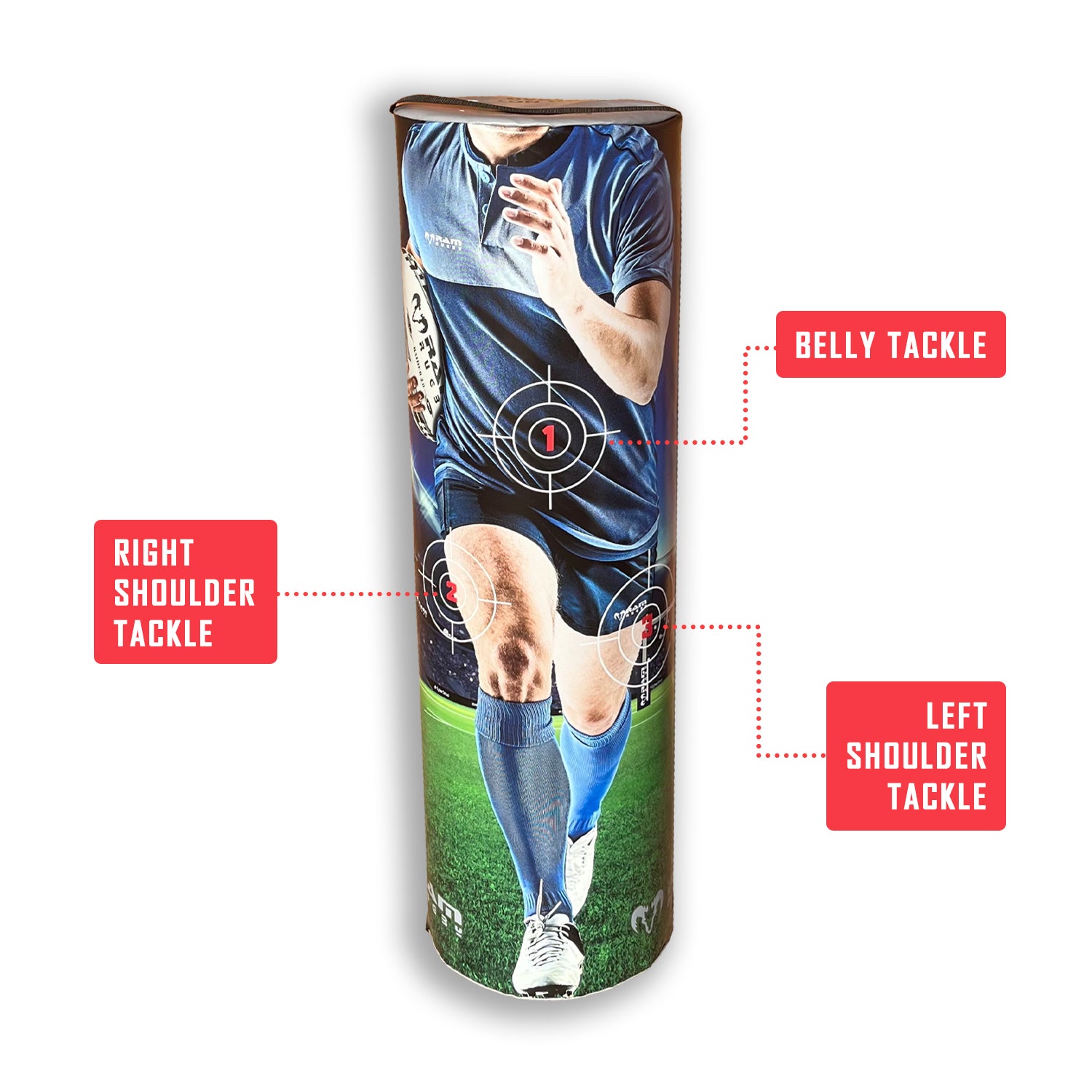 Ram Rugby Target Tackle Bags in vibrant red and blue, designed for safe rugby training and tackling skill development.