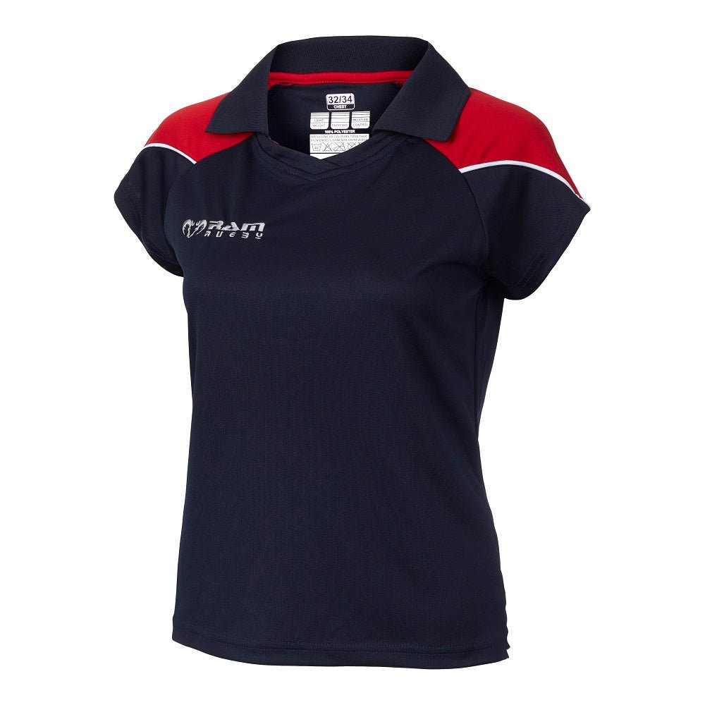 Ram Rugby Technical Polo Shirt in navy blue with moisture-wicking fabric, UPF 30+ sun protection, and 3-button placket collar