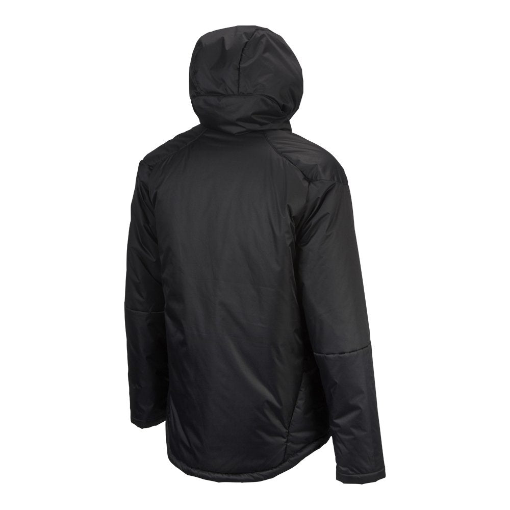Ram Rugby Thermal Stadium Jacket in black with hood, water-repellent polyester, thermal padding, and high collar design