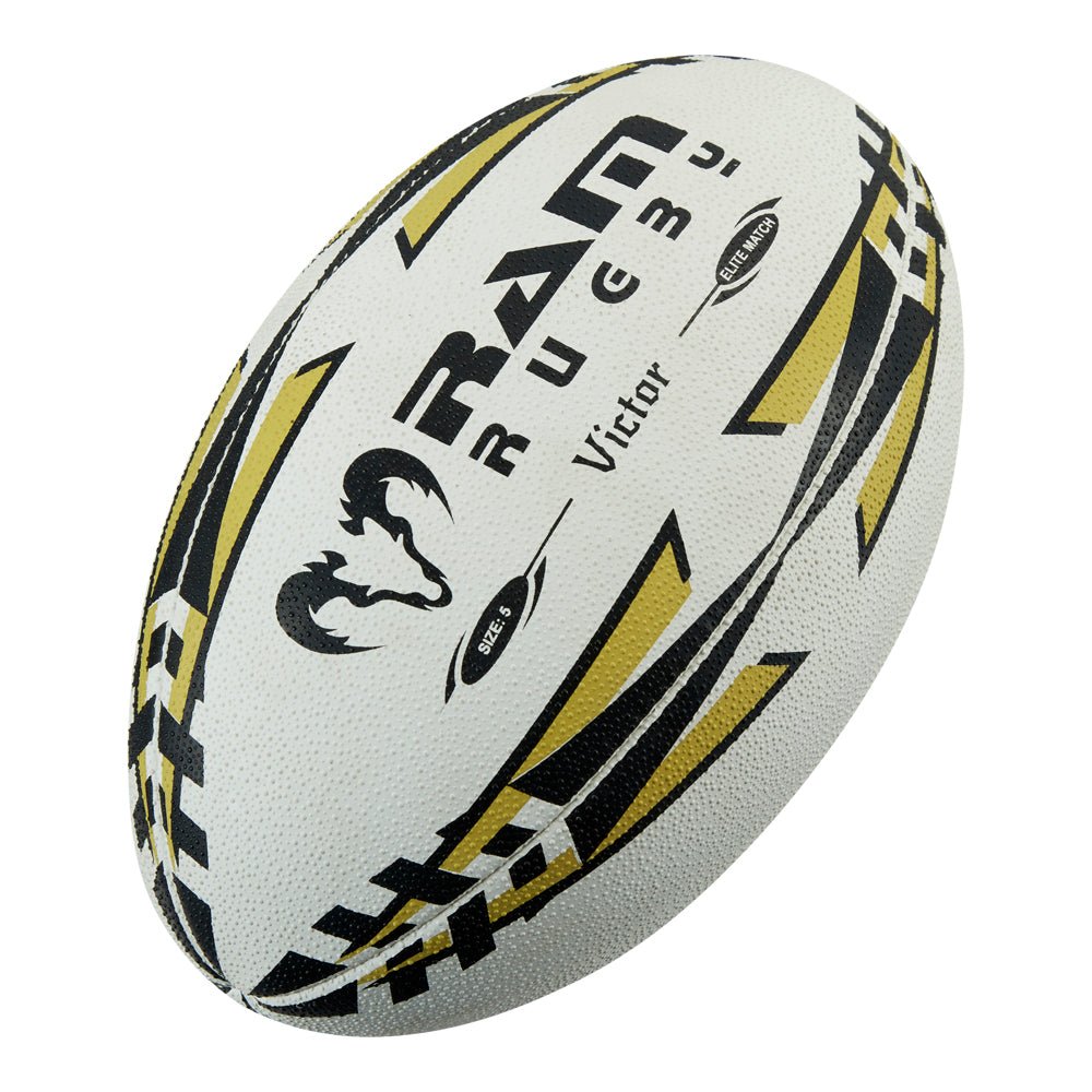 Stack of 15 gold Ram Rugby Victor 2.0 Elite Match size 5 rugby balls with breathable carry bag for storage and transport