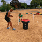 Ram Rugby Weighted Half Tackle Bag in blue heavy-duty vinyl, used for rugby training and tackling drills safety and technique