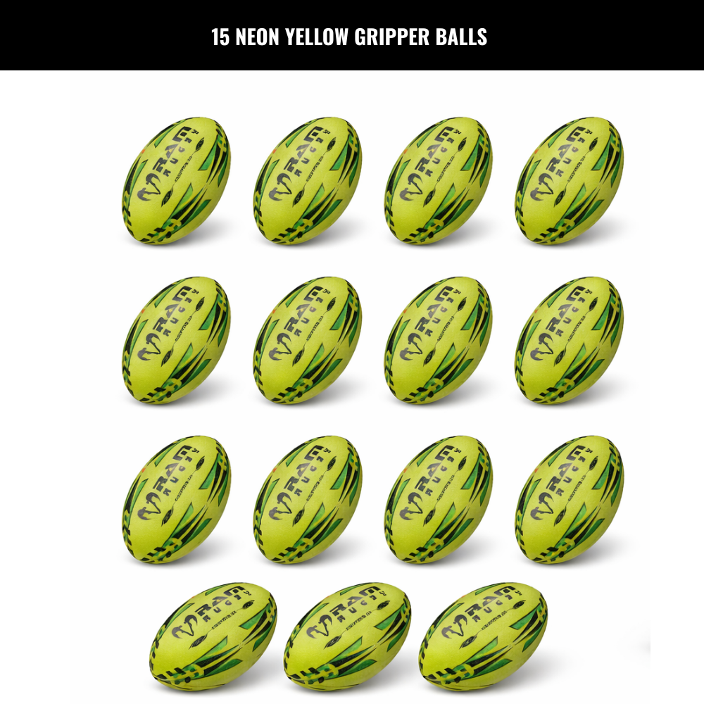 Paquete de 15 Pelotas Ram Rugby Gripper 2.0 Pro Trainer Neon con 1 Bolsa